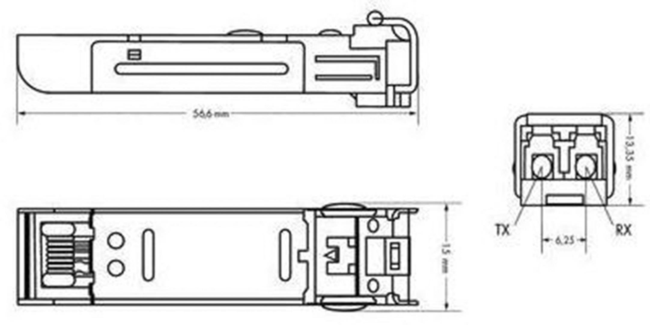 Technische Zeichnung eines rechteckigen Steckverbinders mit Seitenansicht und Anschlussbelegung, inklusive Bemaßungen von 54,6 mm Länge und 13,5 mm Breite.