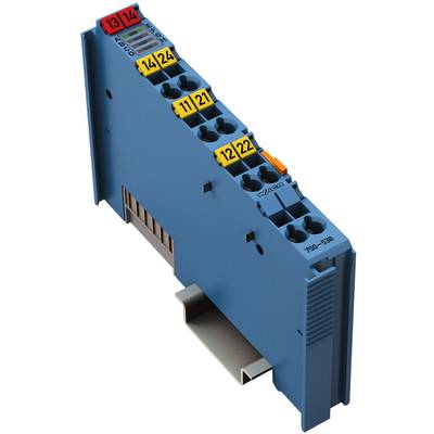 Elektronikmodul in Blau mit zwölf nummerierten Anschlüssen, davon sechs gelb. Es ist zur Montage auf einer DIN-Schiene geeignet.
