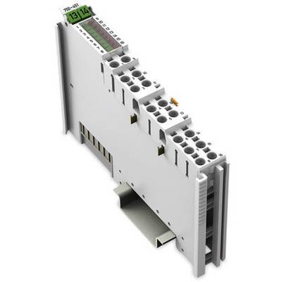 Elektronisches Modul mit mehreren Anschlussklemmen, LED-Anzeige '13/14' und Steckplatz für Hutschienenmontage.