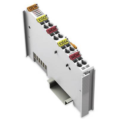 Klemmleiste mit Anschlüssen, farblich markiert. Beschriftungen 'E1', 'E2', '24V'. Geeignet für elektronische Verbindungen und Steuerungen.
