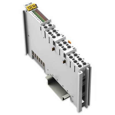 Eine elektrische Klemmenleiste mit mehreren Anschlüssen und Markierungen '13/14' oben, montiert auf einer DIN-Schiene.