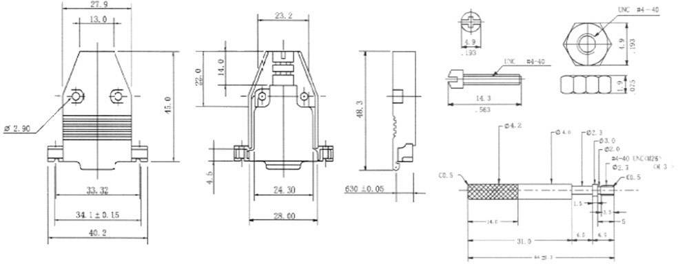 Technische Zeichnung eines mechanischen Bauteils mit Abmessungen in Millimetern; zeigt Vorder-, Seiten- und Draufsicht.