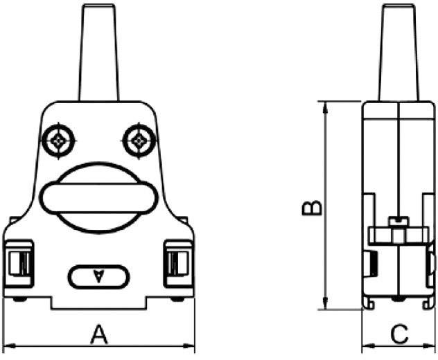 Technische Zeichnung eines Bauteils mit Vorder- und Seitenansicht. Maße A, B, und C sind markiert, Details der Schraubenlöcher erkennbar.