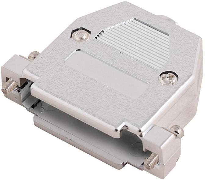 Metallisches D-Sub-Steckergehäuse mit Schrauben und Klemmen, zur sicheren Verbindung und Schutz von Kabeln in elektronischen Anwendungen.