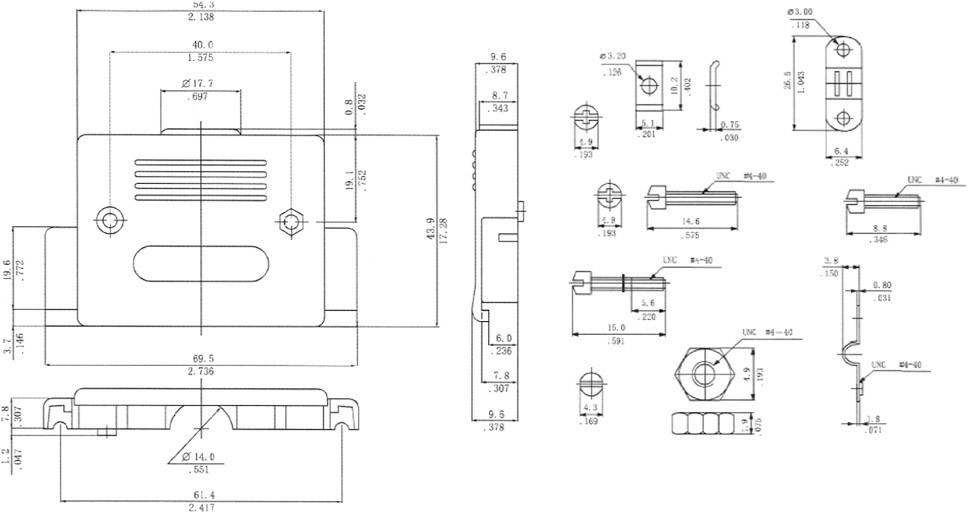 Technische Zeichnung eines mechanischen Bauteils mit Bemaßungen in Millimetern. Zeigt Front-, Seitensicht und Detailansichten.