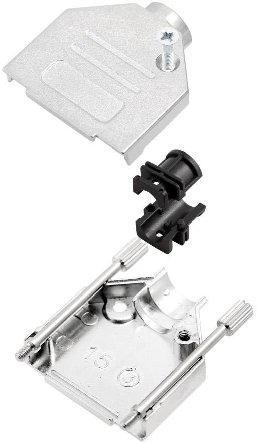 Abbildung eines dreiteiligen metallischen Steckverbinders mit Gehäuse, Kabelklemme und Schraubbefestigung, zusammengebaut.