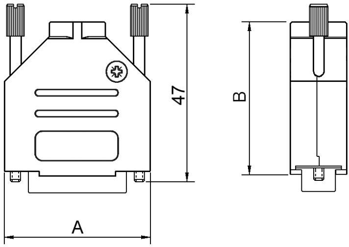 Diagramm eines Steckverbinders mit den Markierungen 'A' und 'B' für die Breite und Höhe, zeigt Ansichten von vorne und von der Seite.