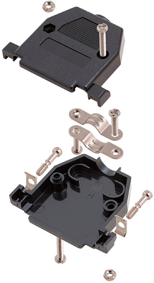 Abgebildet ist ein zerlegter Kabelstecker mit Gehäuse, Schrauben und Klemme, die die Montage und Struktur verdeutlichen.