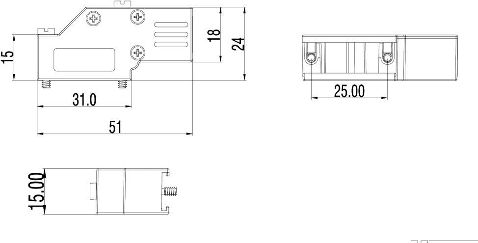 Technische Zeichnung eines Bauteils mit Abmessungen: Länge 51 mm, Höhe 24 mm, Breite 15 mm. Schrauben und Anschlüsse sind sichtbar.