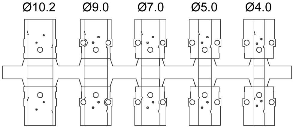 Ein technisches Diagramm zeigt fünf Stufen einer mechanischen Vorrichtung. Jede Stufe ist nummeriert mit einem Durchmesser: Ø10.2, Ø9.0, Ø7.0, Ø5.0, Ø4.0.
