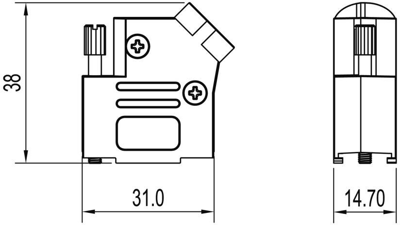 Technische Zeichnung einer Bauteilverbindung mit Bemaßungen: Höhe 38 mm, Breite 31 mm, Tiefe 14,7 mm. Schrauben und Steckverbindungen sind sichtbar.