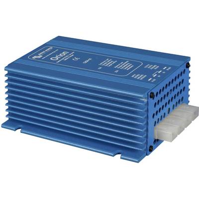 Ein blauer elektronischer Spannungswandler von Victron Energy, Modell Orion, zeigt Eingabe- und Ausgabeinformationen auf der Oberseite.