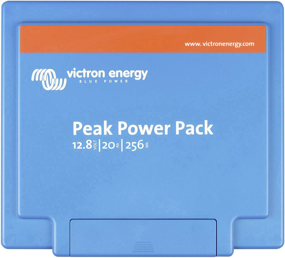 Blauer Akku von Victron Energy mit der Aufschrift 'Peak Power Pack 12.8V 20Ah 256Wh' auf der Vorderseite.