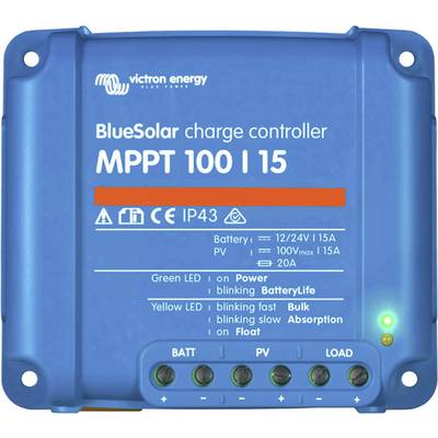 Blauer Solar-Laderegler 'BlueSolar MPPT 100 | 15' von Victron Energy zeigt technische Spezifikationen und LED-Statusanzeigen.