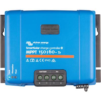 Blauer MPPT-Solarladeregler von Victron Energy mit Anzeigen für Bulk, Absorption, Float und Schnittstellen für Batterie und PV.