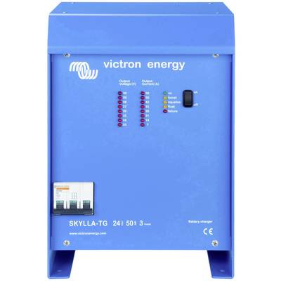 Ein blauer Batterie-Ladegerät von Victron Energy mit mehreren LED-Anzeigen und einem Schalter an der Vorderseite.