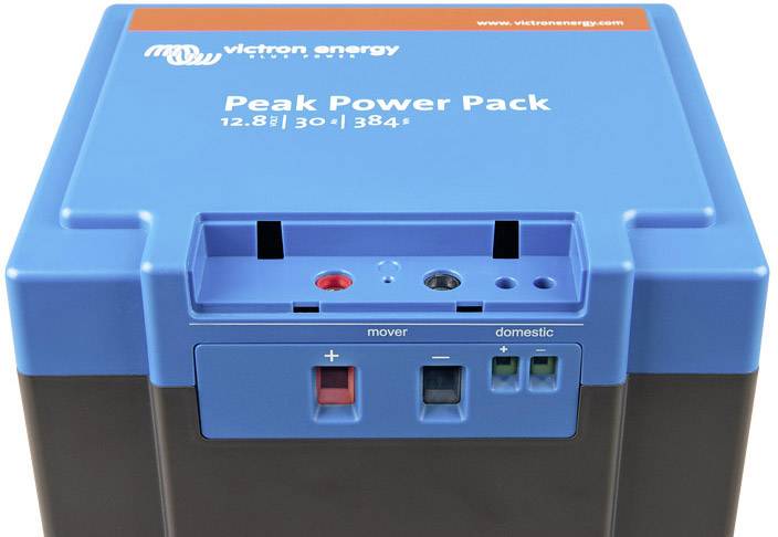 Blauer 'Peak Power Pack' von Victron Energy zeigt Anschlüsse auf der Vorderseite. 12,8 V, 30 Ah, 384 Wh.