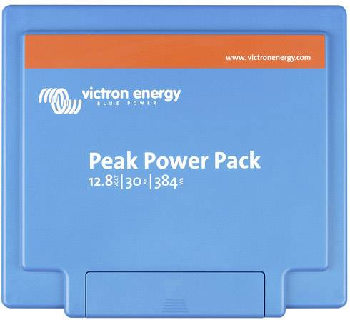 Ein blaues Batteriemodul von Victron Energy mit der Aufschrift 'Peak Power Pack 12.8V 30Ah 384Wh'. Oben links das Logo von Victron Energy.