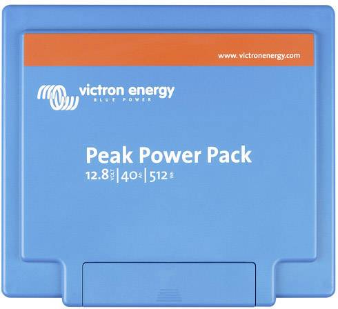 Blauer Akku von Victron Energy mit der Aufschrift 'Peak Power Pack 12.8V 40Ah 512Wh'. Markenname und Website oben sichtbar.