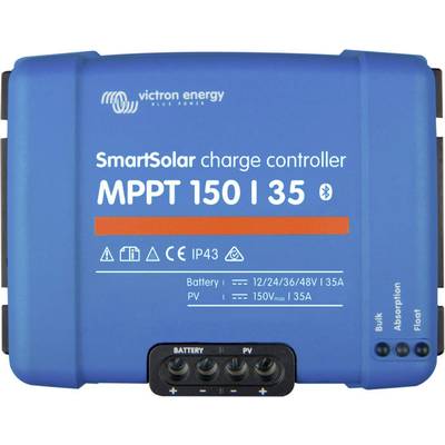 Ladecontroller 'SmartSolar MPPT 150|35' in Blau, von Victron Energy. Anzeige für Batterie- und PV-Anschlüsse. Bluetooth-fähig.