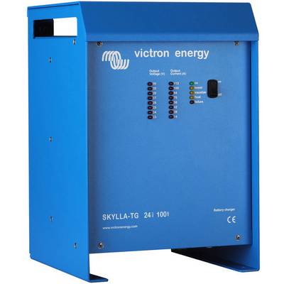 Ein blauer Victron Energy Skylla-TG Batterielader mit Anzeigen für Spannung, Stromstärke und Betriebszustände.