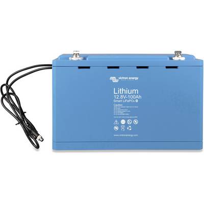 Blaue Lithium-Ionen-Batterie mit 12,8V und 100Ah. Markierung zeigt 'Victron Energy' und Sicherheitshinweise. Kabel an der Seite.