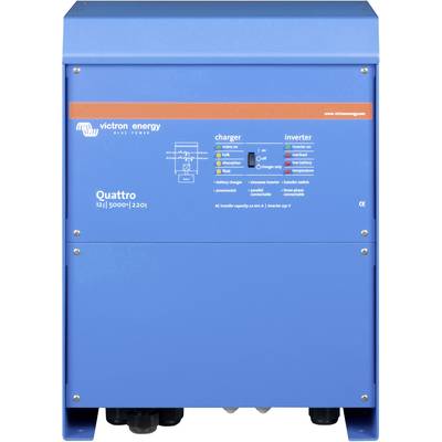 Ein blauer Stromumwandler von Victron Energy mit der Aufschrift 'Quattro'. Zeigt Schalter und Kontrollleuchten für Lade- und Wechselrichterfunktionen.