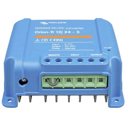 Blauer DC/DC-Wandler 'Orion-Tr 12/24-5' von Victron Energy mit Anschlüssen für Eingangs- und Ausgangsleistung und technischem Text.