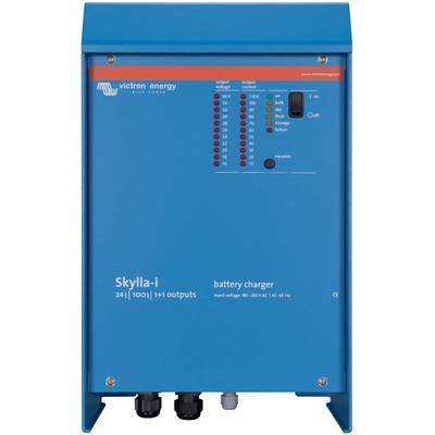 'Victron Energy Skylla-i' Batterieladegerät, 24V, 100A. Blaues Gehäuse mit LED-Anzeigen für Ladezustand und Modus oben.