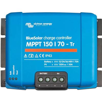 Blauer Solarladeregler von Victron Energy, Modell 'BlueSolar MPPT 150 | 70 - Tr', zeigt IP43-Schutz und Batterie/PV-Verbindungen.