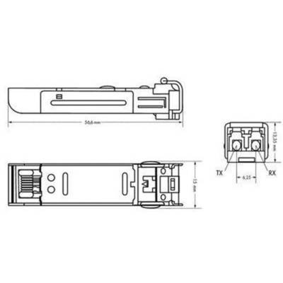 Technische Zeichnung eines SFP-Moduls mit Maßen: Länge 56,6 mm, Breite 13,35 mm. Ansichten: seitlich, von oben und von vorne. Markierungen für TX und RX.