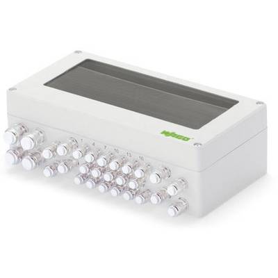 Ein weißes, rechteckiges elektronisches Gerät mit mehreren transparenten Anschlussports an der Vorderseite und einem dunklen Fenster oben.
