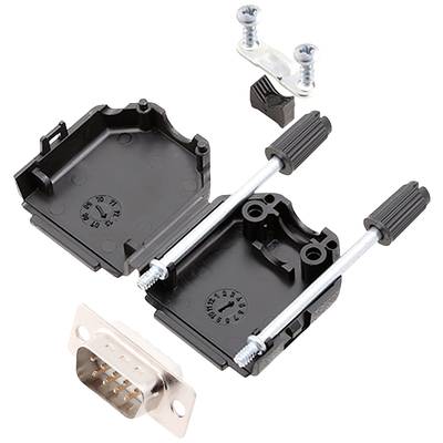 Offene Steckverbinder-Abdeckung mit Schrauben, zwei Metallstäben und D-Sub-Stecker, zeigt Einzelteile eines elektronischen Verbindersets.