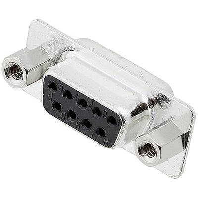 Ein silberner, rechteckiger serieller DB9-Stecker mit neun Stiftlöchern, seitlichen Schraubbuchsen zur Befestigung an passenden Kabeln.