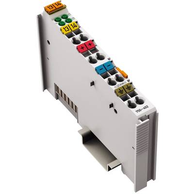 Eine graue elektronische Modulkomponente mit farbigen Anschlusspunkten und einem Schiebemechanismus an der Unterseite, etikettiert als '750-402'.