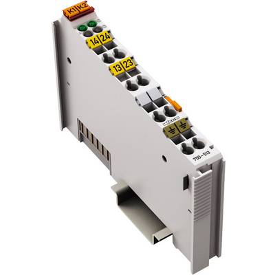 Graues elektronisches Modul mit mehreren Steckplätzen und farbigen Anschlüssen. Beschriftungen 'K1', 'K2' in grün und orange oben.