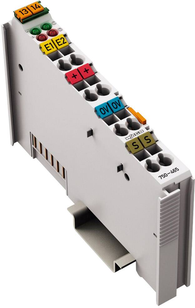 Eine graue Interface-Modul-Komponente mit farblich codierten Anschlüssen und Bezeichnungen zur Steuerung in industriellen Anwendungen.