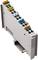 Elektronisches Bauteil mit mehreren farbcodierten Anschlussklemmen, Beschriftungen wie '13', '14', 'E1', 'E2', auf einer DIN-Schiene montierbar.