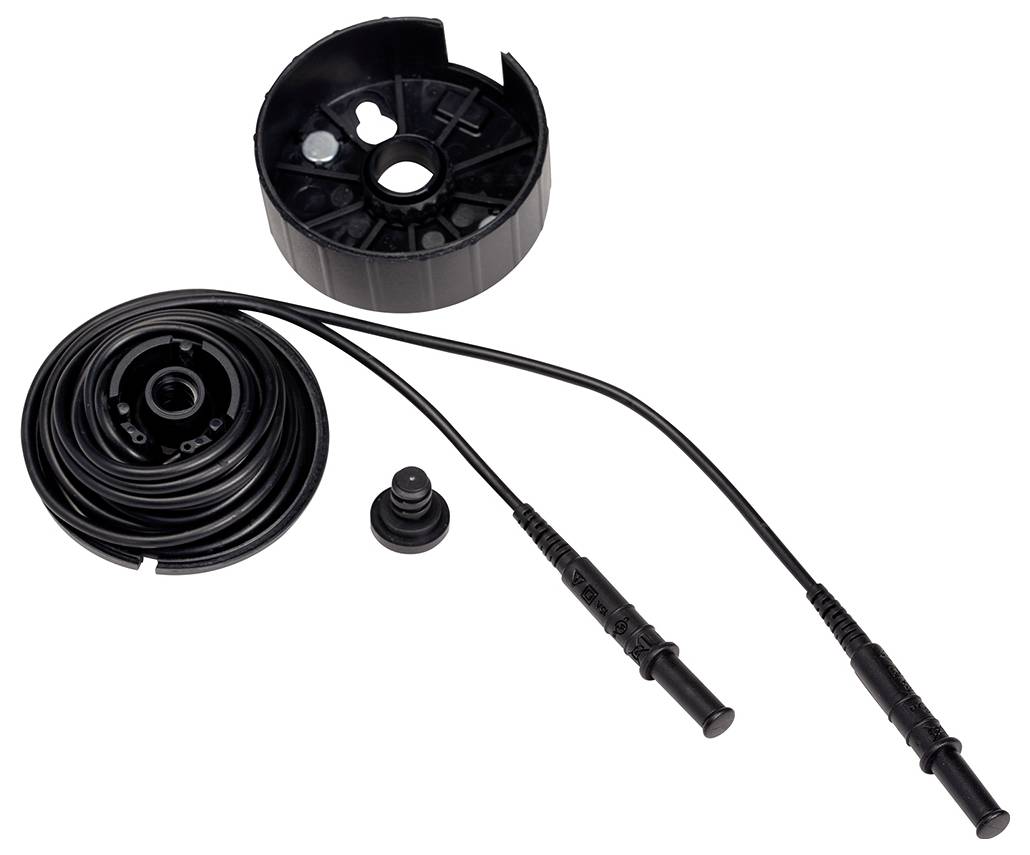 Kabelrolle mit abnehmbarem Deckel, zwei Kabel mit Steckverbindern und einem Gummiteil, vermutlich für elektrische Installationen.