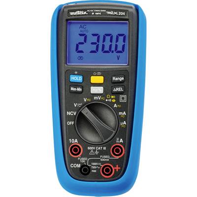 Ein Digitalmultimeter zeigt 230,0 Volt im AC-Modus an. Drehschalter und Tasten für verschiedene Messfunktionen sind sichtbar.