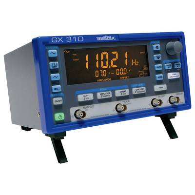 Ein blaues elektronisches Messgerät mit digitalem Display zeigt '110,21 Hz'. Knöpfe und Anschlüsse an der Vorderseite. Model: GX 310.