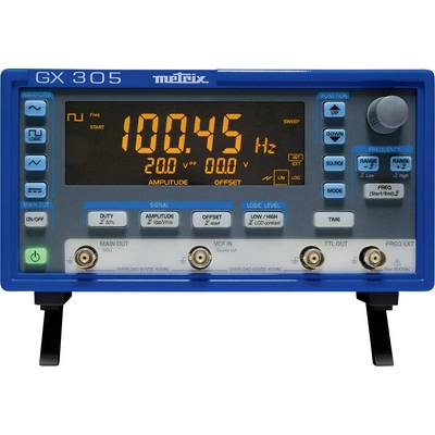 Ein blaues elektronisches Messgerät mit digitalem Display zeigt '100.45 Hz', '200 V', '0.0 V'. Knöpfe und Anschlüsse zur Einstellung.