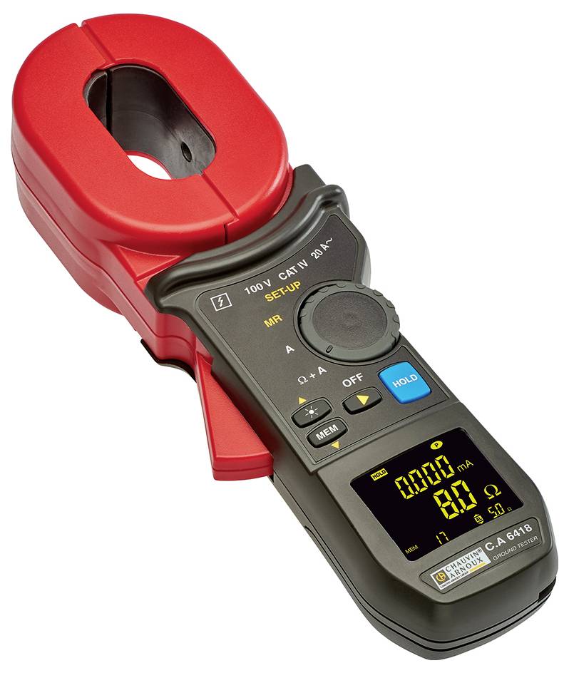 Stromzange mit digitalem Display, zeigt Messwerte in mA und Ohm an; geeignet für elektrische Messungen ohne Leitungsunterbrechung.