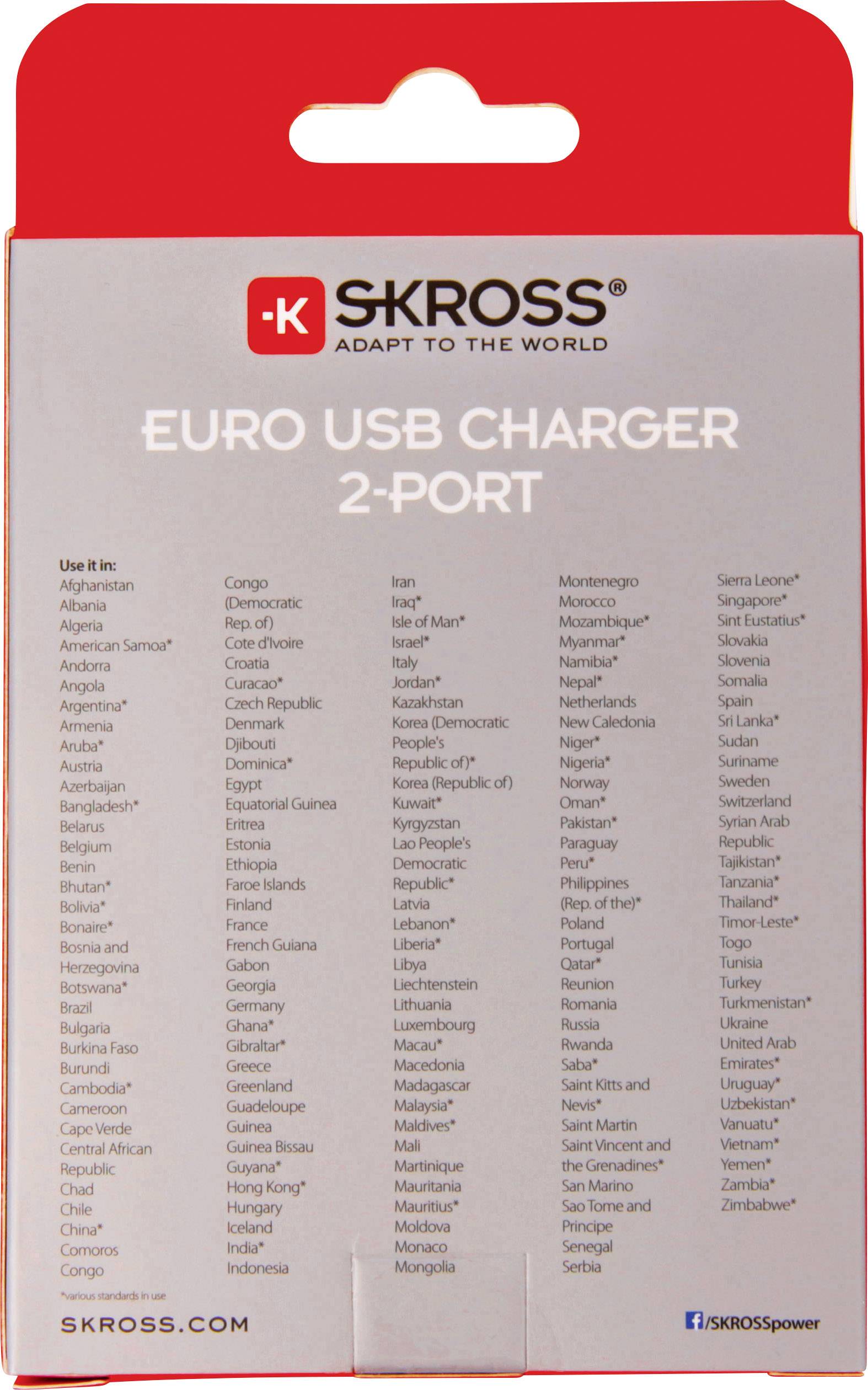 'Euro USB Charger 2-Port' Verpackung mit Liste von Ländern, in denen der Adapter verwendet werden kann, Markenlogo oben.