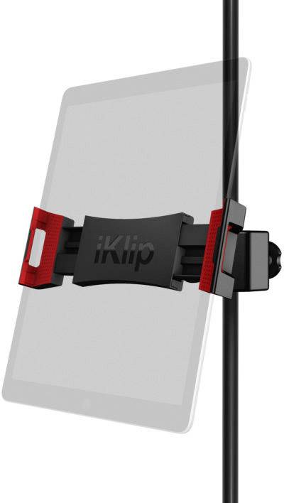 Tablet-Halterung mit der Aufschrift 'iKlip' befestigt an einem Ständer, hält ein transparentes Tablet im Hochformat.