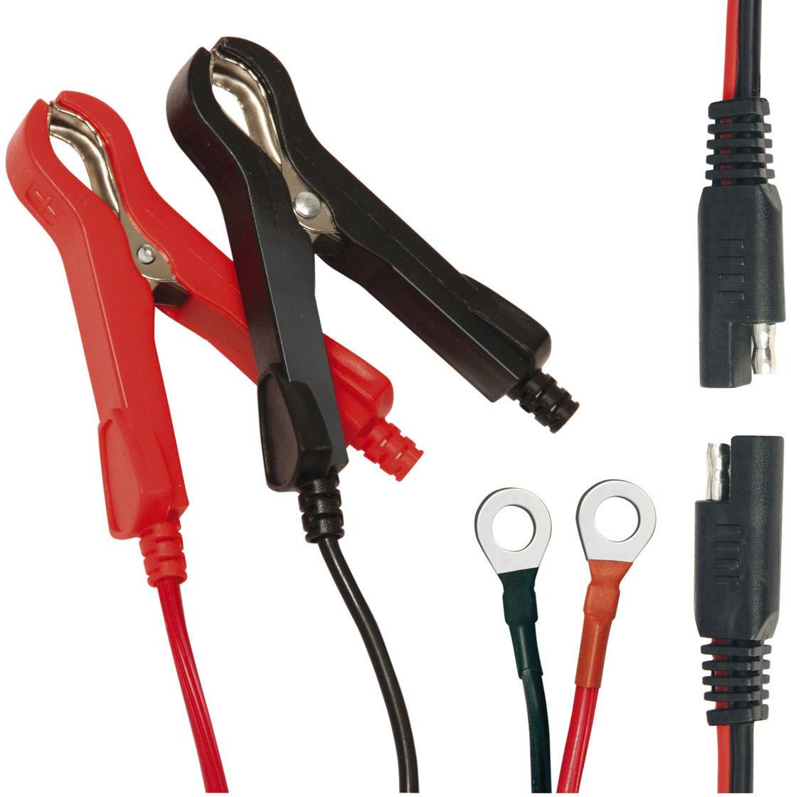 Rote und schwarze Batterieklemmen mit Kabeln und Ringanschlüssen, die mit einem Steckverbinder enden, dargestellt auf weißem Hintergrund.