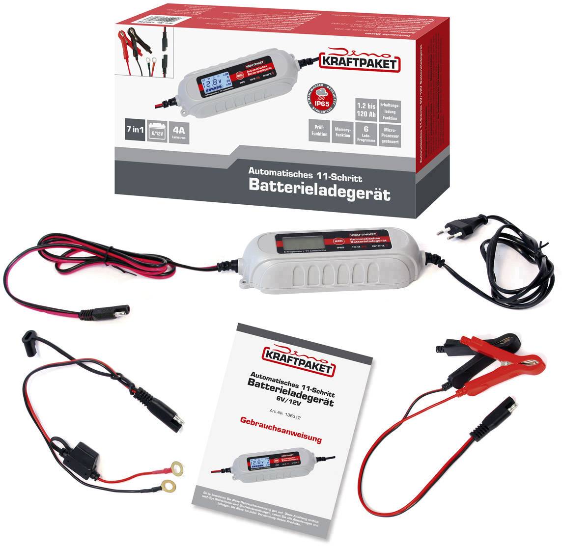 Batterieladegerät-Set mit Kabeln und Klemmen vor der Verpackung. Verpackung zeigt Ladegerät, Text 'Automatisches Batterieladegerät'.
