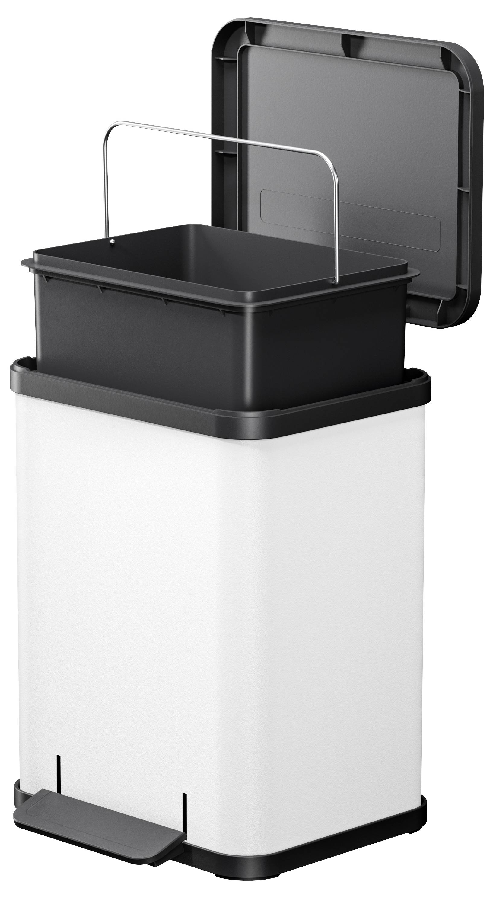 Ein rechteckiger Mülleimer mit offenem Deckel und herausnehmbarem Behälter, der eine Tragestange hat. Der Eimer ist weiß mit schwarzen Details.