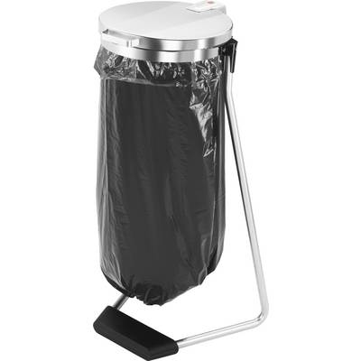 Silberner Mülleimer mit schwarzem Müllsack, der in einem Metallständer hängt. Der Deckel ist rund und hat einen kleinen roten Punkt.