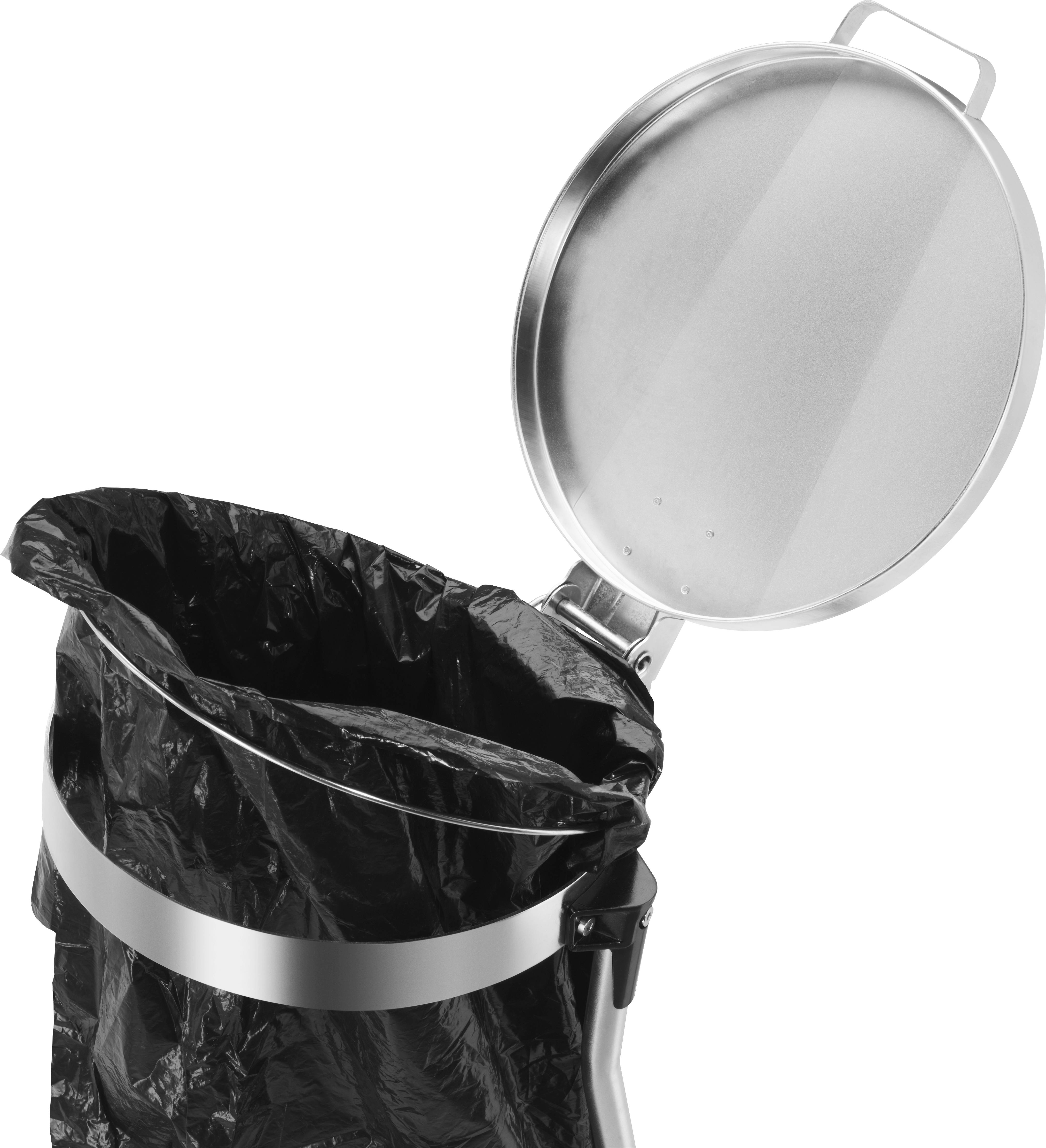Ein offener Mülleimer mit schwarzem Müllsack. Der Deckel ist hochgeklappt und der Eimer ist aus Metall.